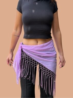 Y2K Lavender Sequin Fringe Festival Hip Scarf Fairy Rave Wrap